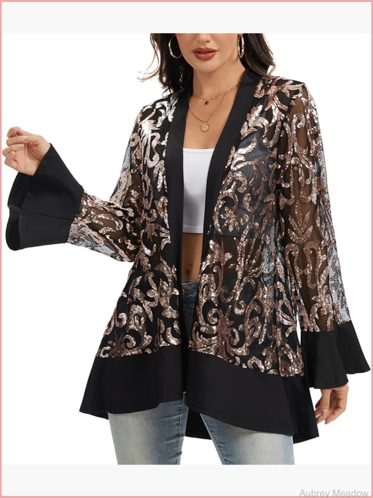 Sequin Lace Mesh Cardigan Jacket Open Front For Party Holiday Evening